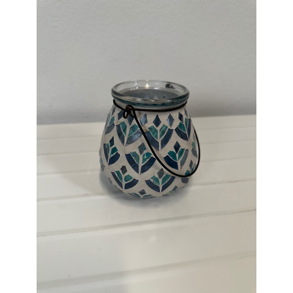 Mosaic Glass Teal Blue Petal Candle Holder Hanging Jar Lantern with Wire Handle